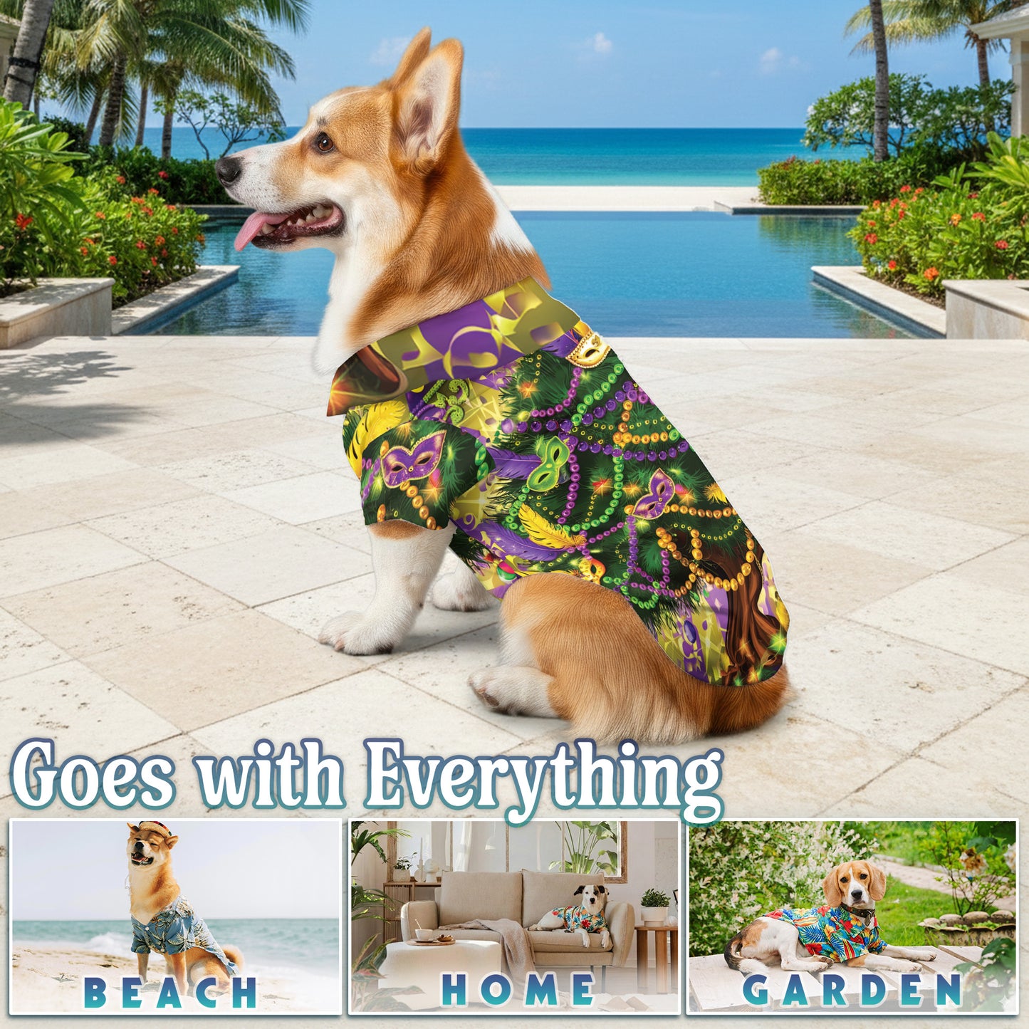 Netecom Matching Mardi Gras Tree Hawaiian Shirt for Dog and Owner, Festive Aloha Summer Shirt, Colorful Tree Print Button Down Outfit for Pet and Human, Beach Vacation Casual Wear