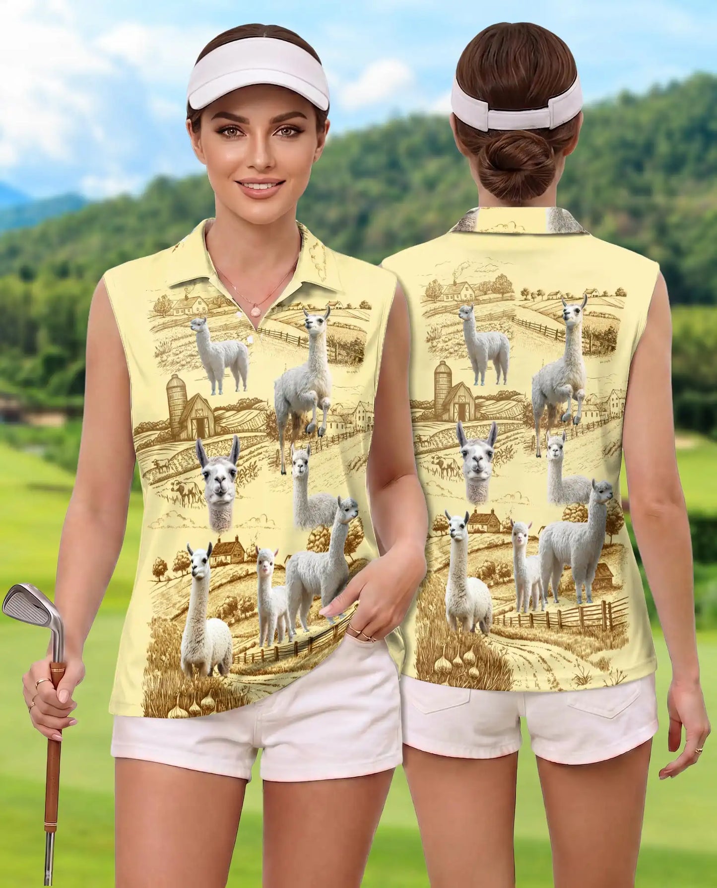 Llama Lovers Farm Sleeveless Polo Shirt for Women – Cute Farm Animal Style | Netecom