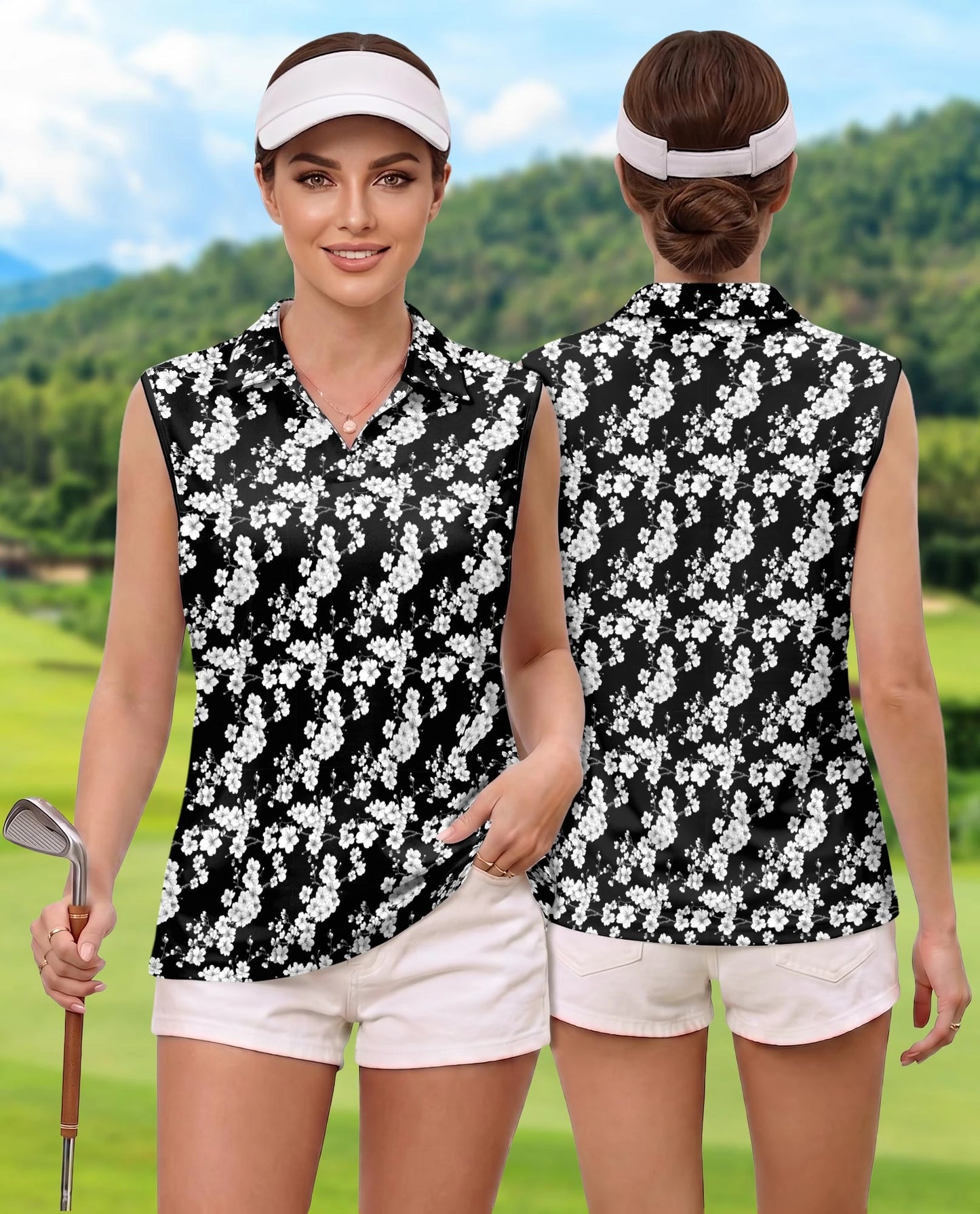 Black and White Floral Pattern Sleeveless Polo Shirt for Women | Netecom