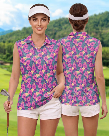 Tropical Hibiscus Purple Sleeveless Polo Shirt for Women | Netecom
