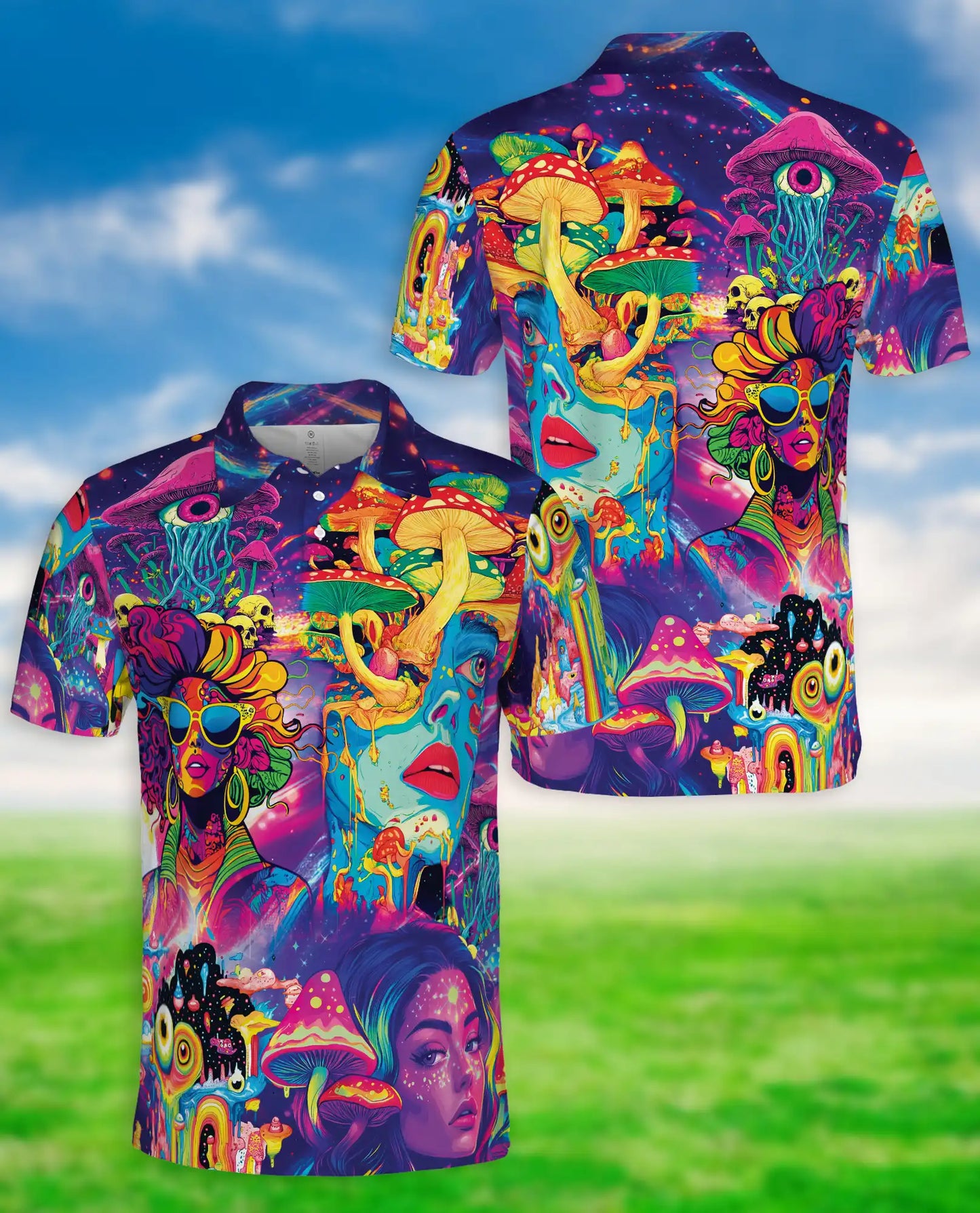 Psychedelic Mushroom Art 3D Polo Shirt for Men – Neon Trippy Fantasy Style | Netecom