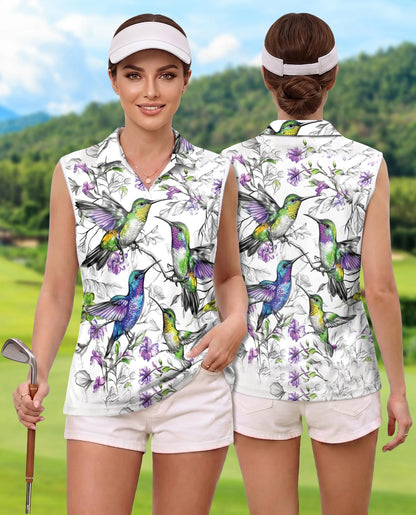 Vintage Hummingbirds Sleeveless Polo Shirt for Women | Netecom