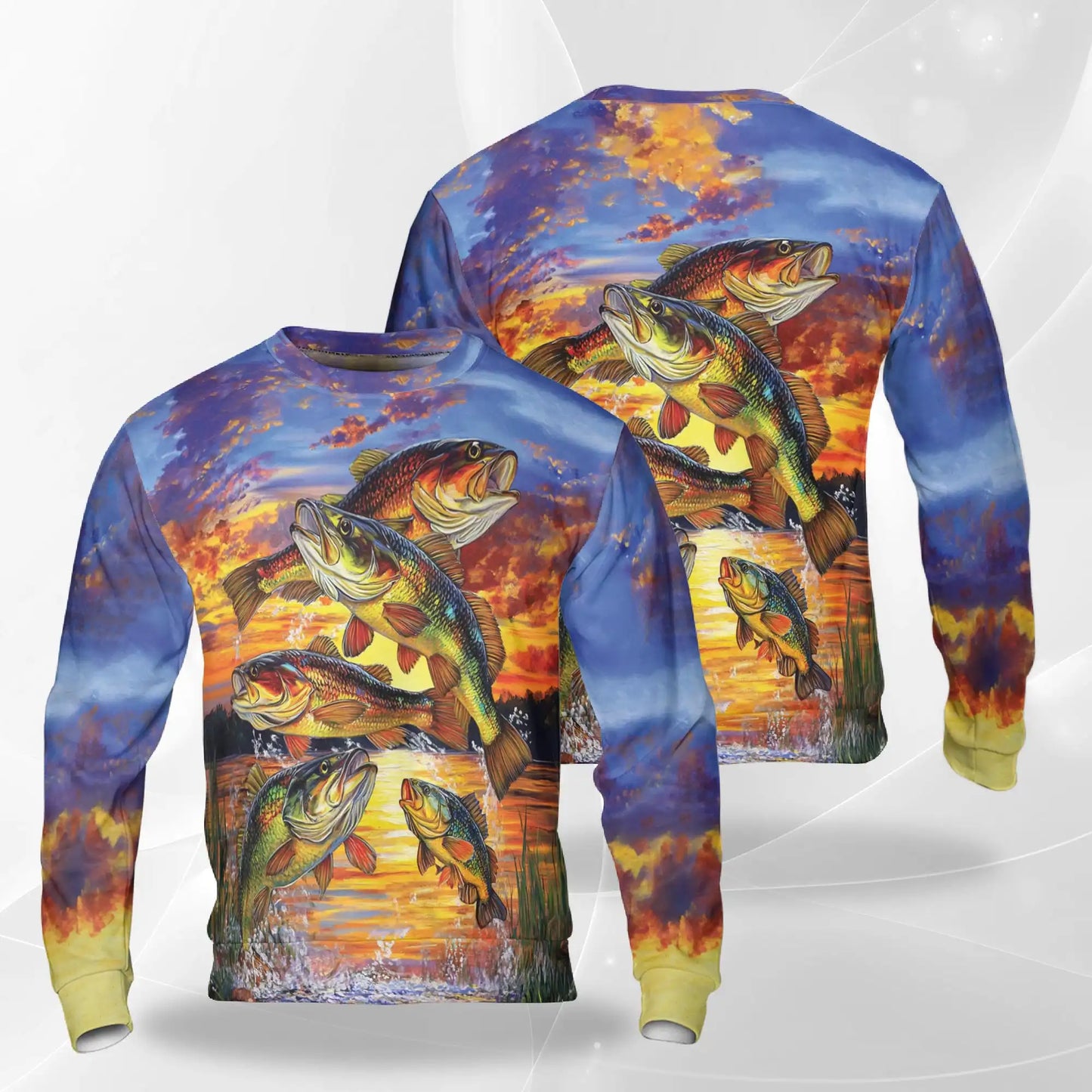 Largemouth Bass Fishing Sweatshirt, 3D All Over Print Sunset Fishing Crewneck Pullover for Men Women, Bass Fisherman Gift - Netecom