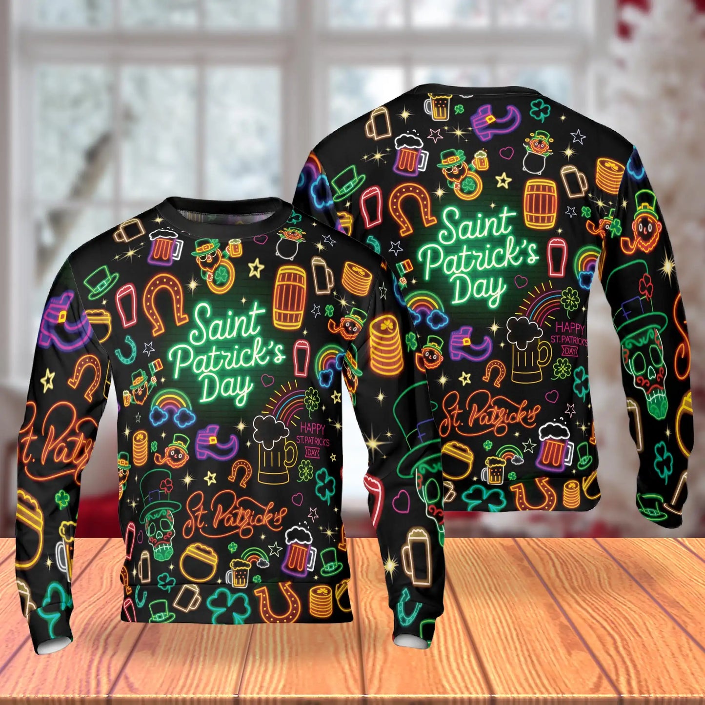 Neon St Patrick’s Day Sweatshirt, 3D All Over Print Irish Party Crewneck Pullover for Men Women, St Patrick’s Day Gift - Netecom