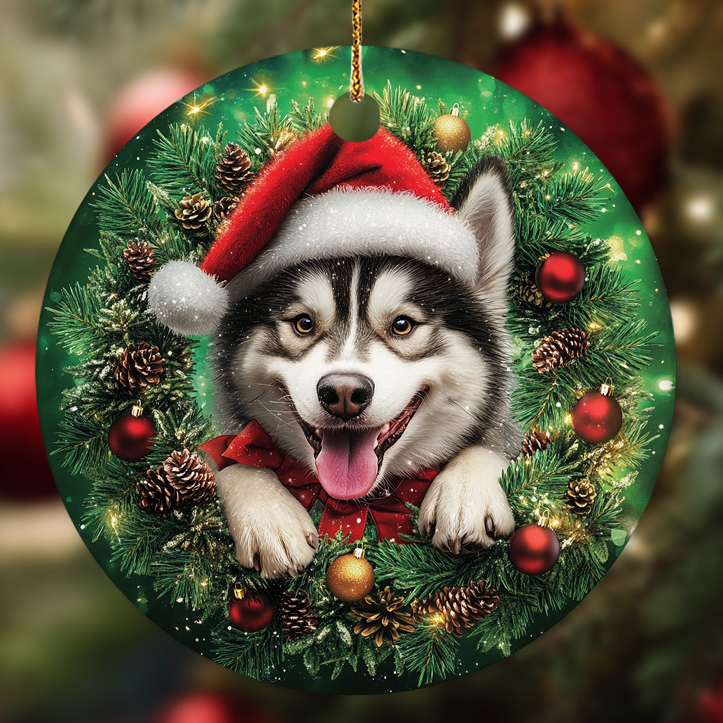 Netecom Funny Alaskan Malamute Christmas Ornament, Dog Santa Hat Ceramic Ornament for Xmas Tree Hanging Decorations Gift, Puppy Lover Gifts, Home Decor, Holiday Party Present