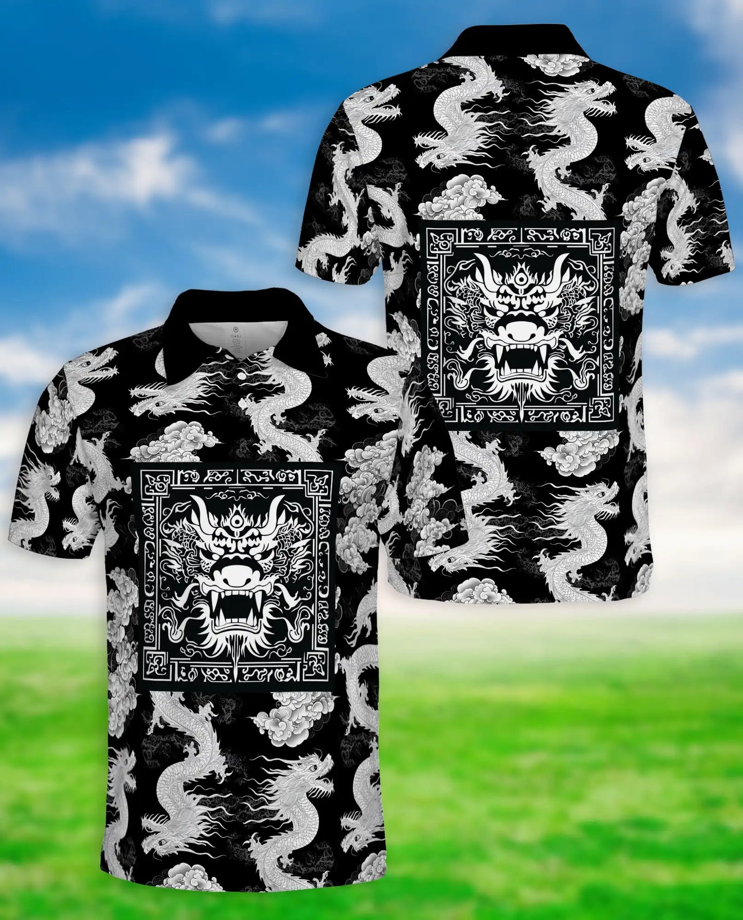 Black White Dragon 3D Polo Shirt for Men – Oriental Mythical Art Style | Netecom