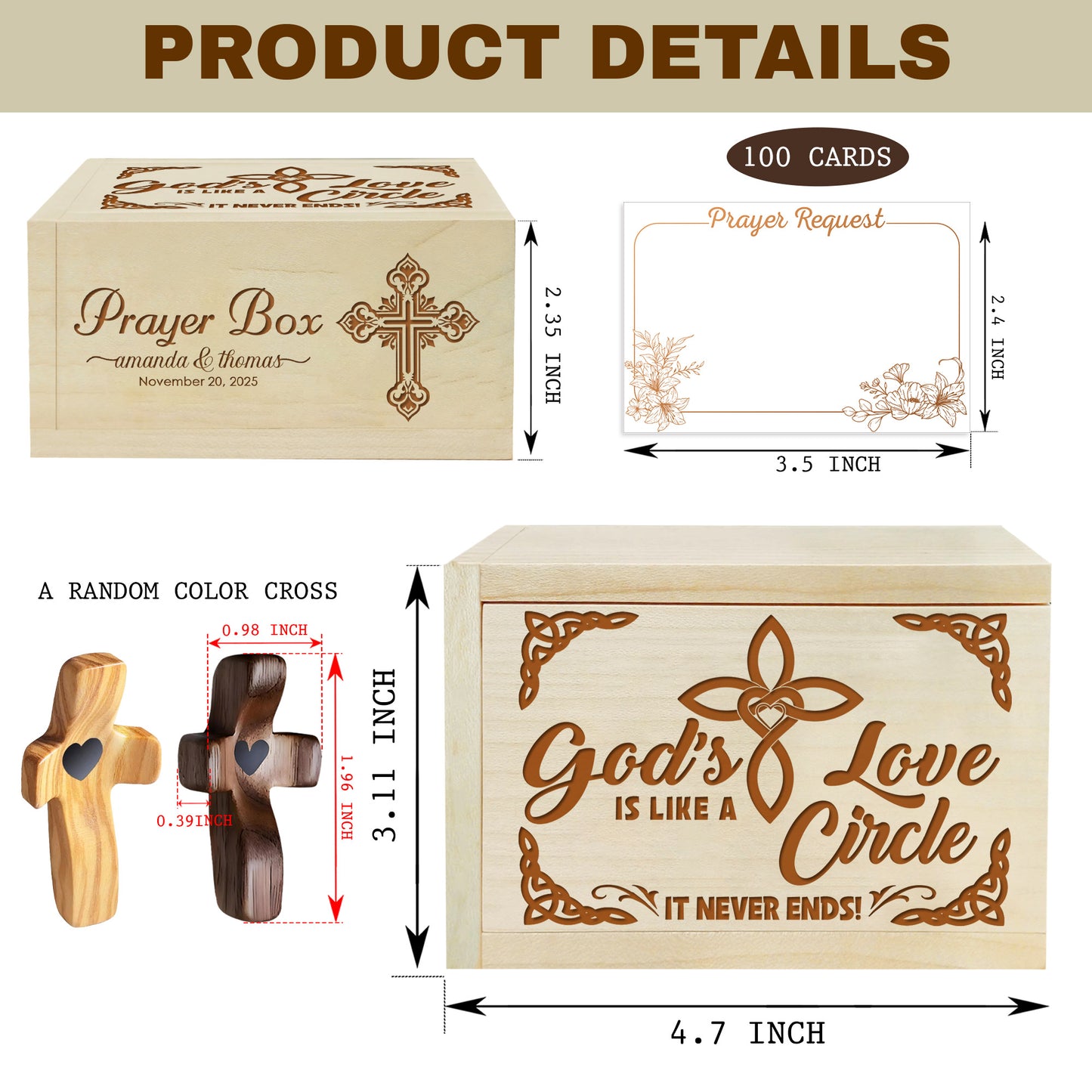Netecom Personalized Couple Prayer Box for Valentine’s Day with Prayer Request Cards & Wooden Cross – Christian Gift with Custom Names and Anniversary Date