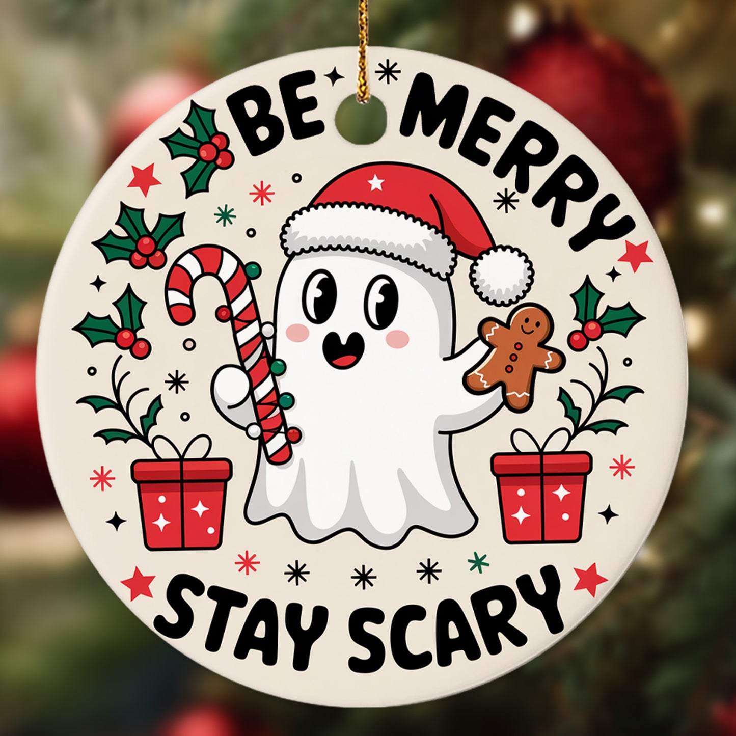 Netecom Funny Santa Ghost Christmas Ornament, Be Merry Stay Scary Ceramic Ornament for Xmas Tree Hanging Decorations Gift, Home Decor, Gifts for Friends & Family, Holiday Party Present