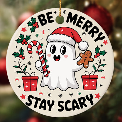 Netecom Funny Santa Ghost Christmas Ornament, Be Merry Stay Scary Ceramic Ornament for Xmas Tree Hanging Decorations Gift, Home Decor, Gifts for Friends & Family, Holiday Party Present