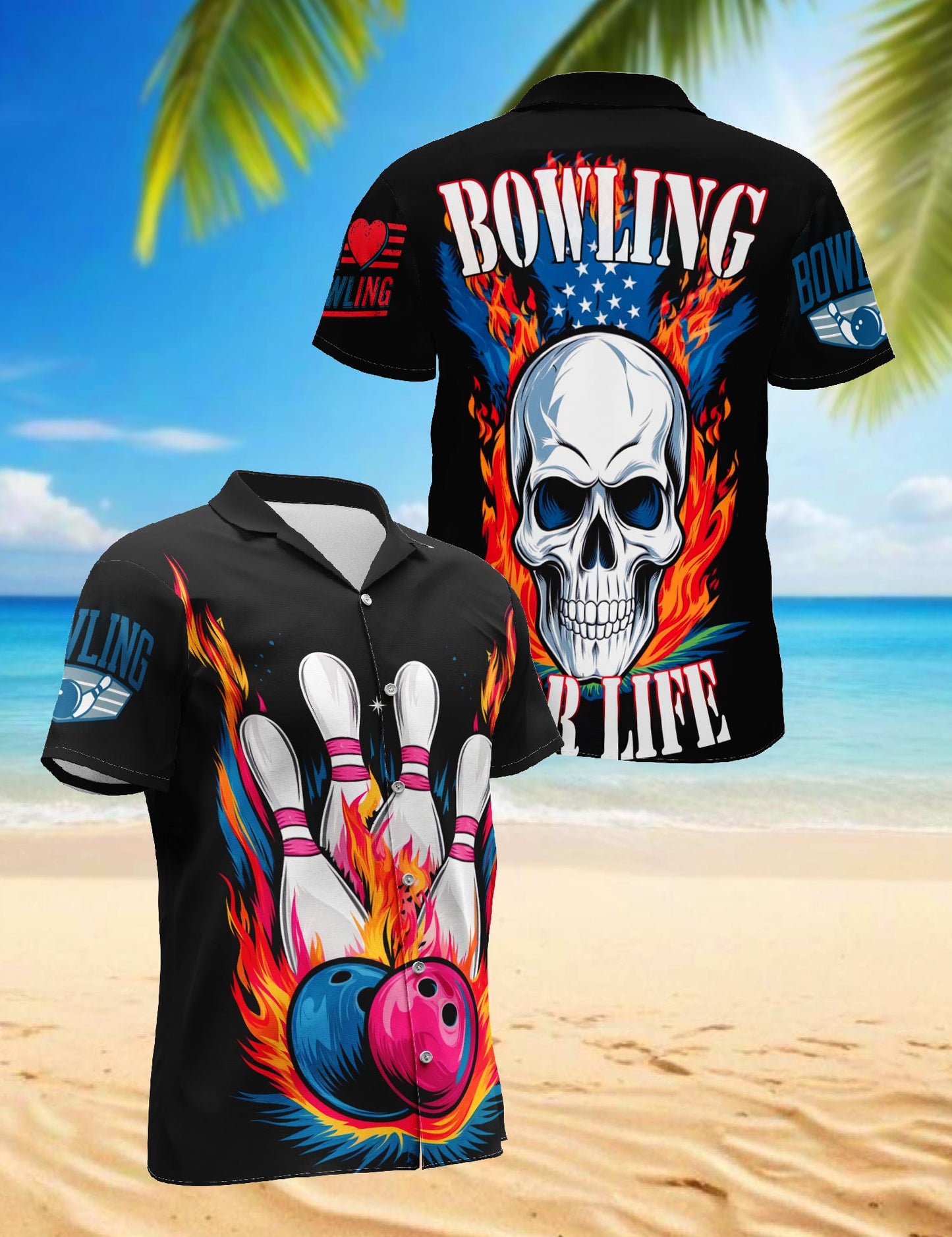 Netecom Bowling American Flag Hawaiian Shirt for Men, Patriotic Bowling Button Down Summer Beach Short Sleeve