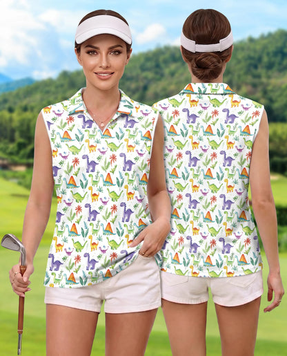 Dinosaur Tropical Sleeveless Polo Shirt for Women | Netecom