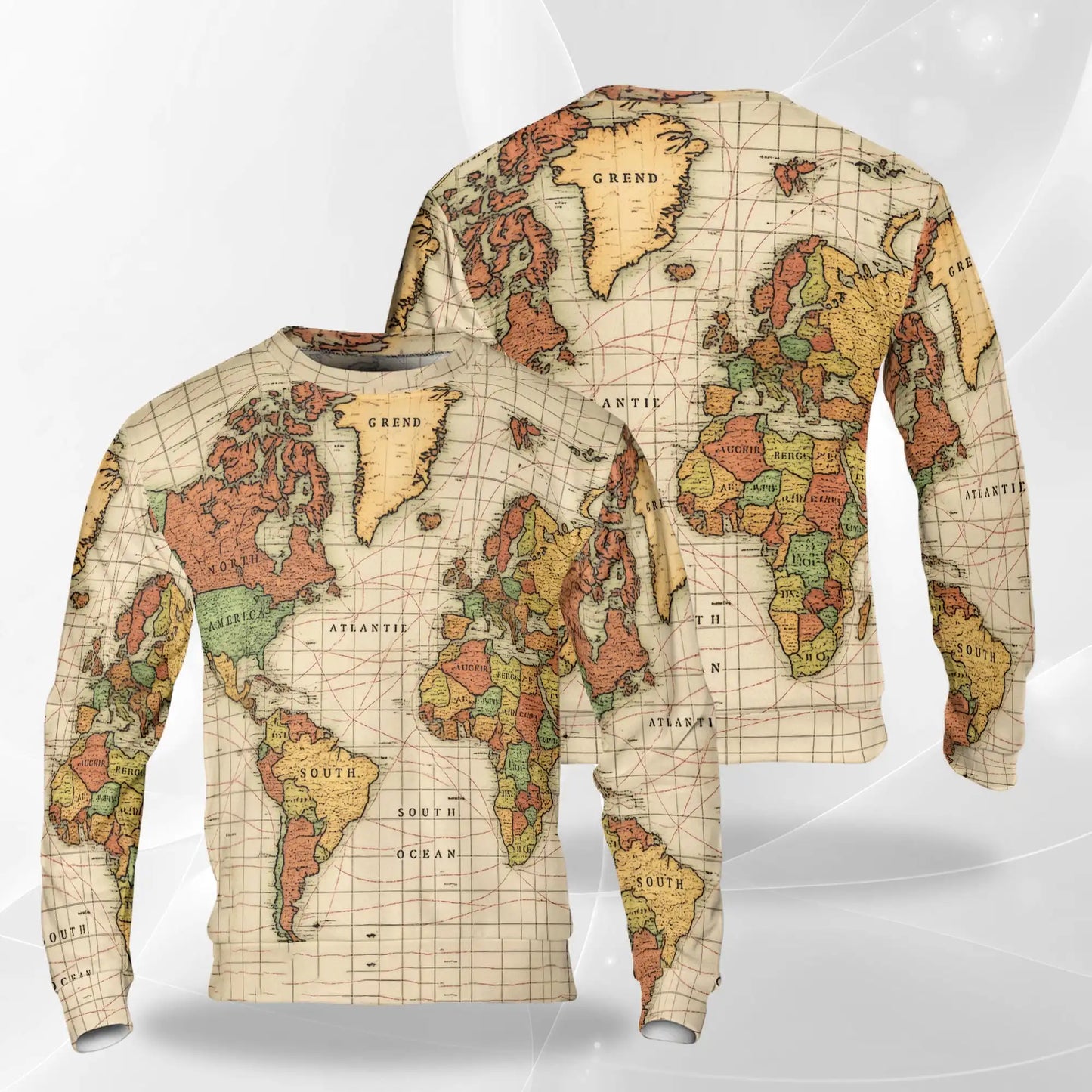 Vintage Earth Cartography Sweatshirt, 3D All Over Print Antique World Map Crewneck Pullover for Men Women, Travel Lover Gift - Netecom
