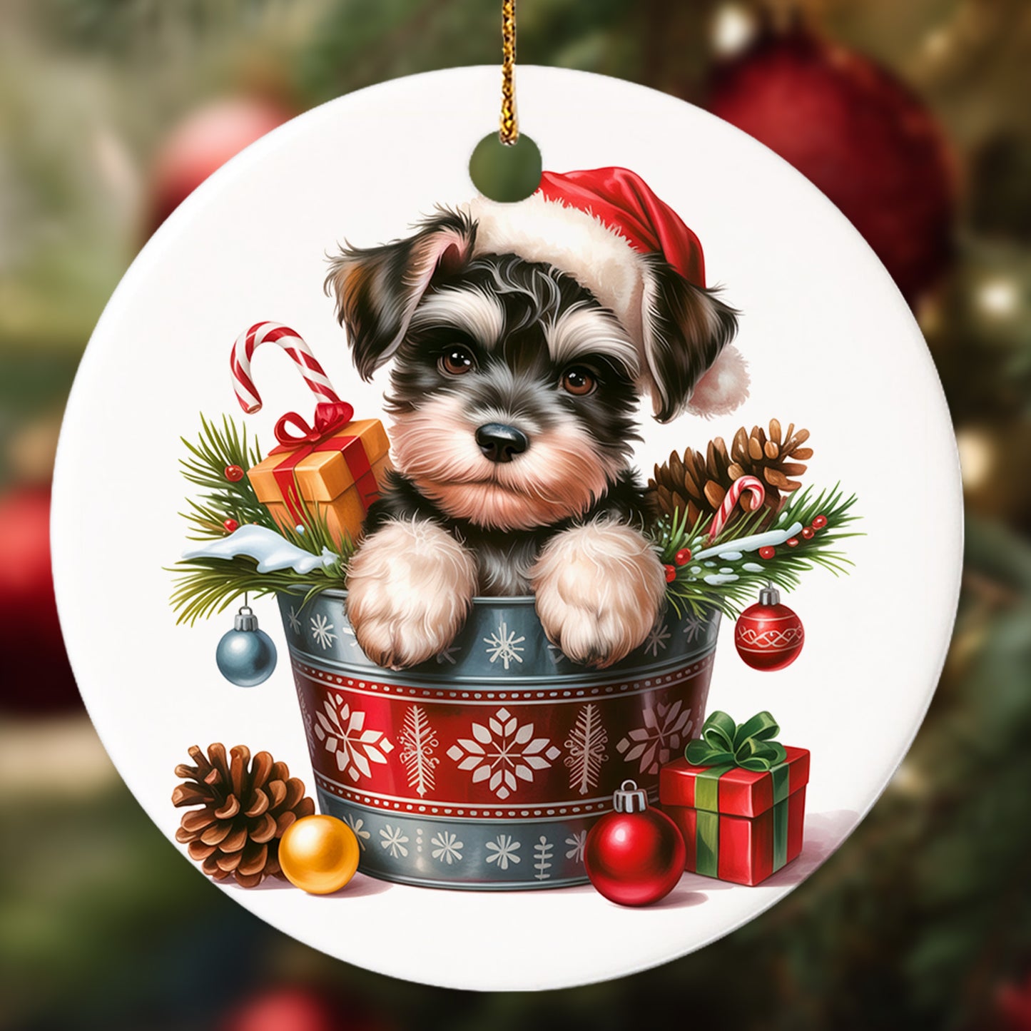 Netecom Funny Schnauzer in Bucket Ornament, Dog with Santa Hat Ceramic Ornament for Christmas Tree Hanging Decorations Gift, Puppy Lover Gifts, Home Decor, Holiday Party Present