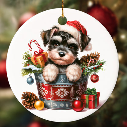 Netecom Funny Schnauzer in Bucket Ornament, Dog with Santa Hat Ceramic Ornament for Christmas Tree Hanging Decorations Gift, Puppy Lover Gifts, Home Decor, Holiday Party Present
