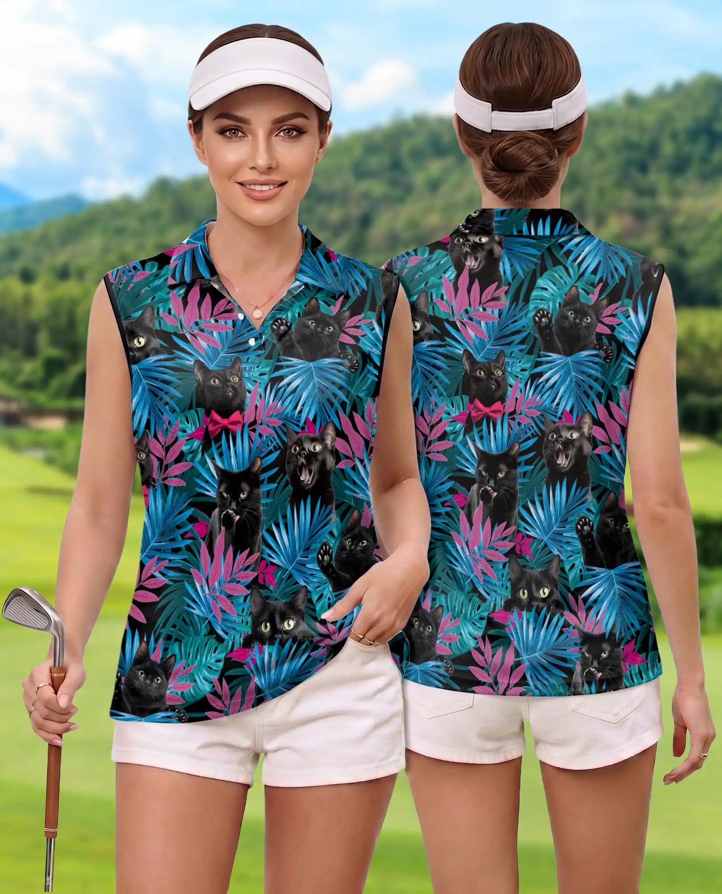 Black Cat Tropical Leaves Sleeveless Polo Shirt for Women| Netecom