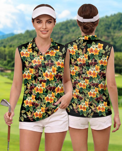 Wine Plumeria Floral Sleeveless Polo Shirt for Women – Tropical Elegant Style | Netecom