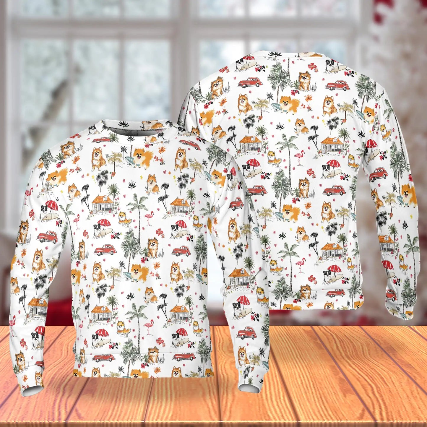 Pomeranian Beach Sweatshirt, 3D All Over Print Tropical Dog Crewneck Pullover for Men Women, Pomeranian Lover Gift - Netecom