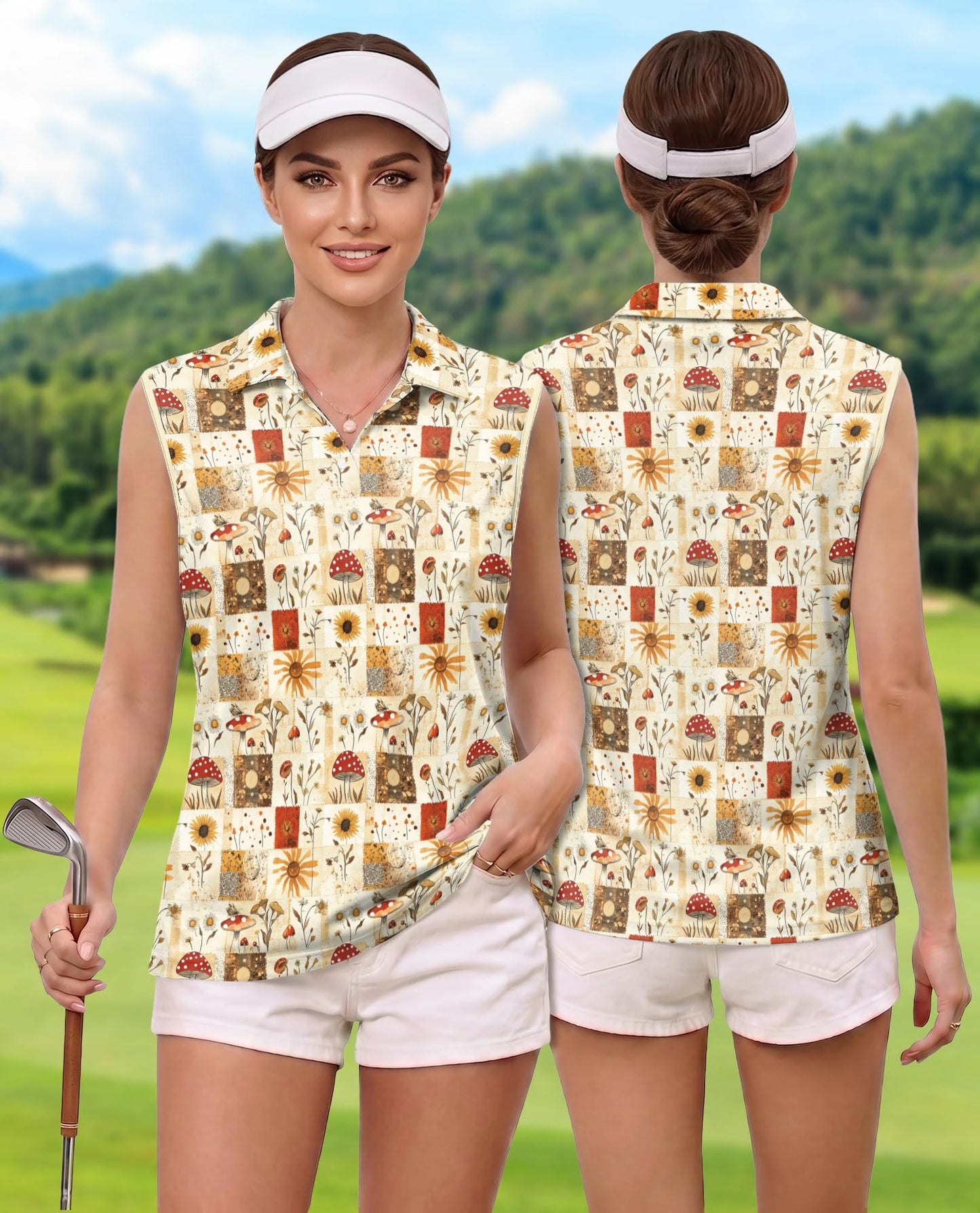 Vintage Mushroom Pattern Sleeveless Polo Shirt for Women – Nature Retro Style | Netecom