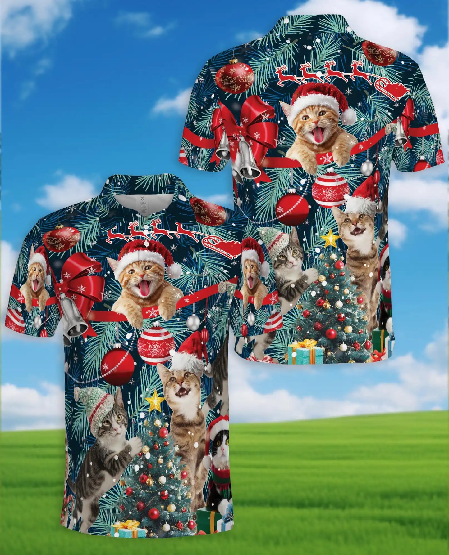 Christmas Cat Polo Shirt - Funny Holiday Kitty Style | Netecom