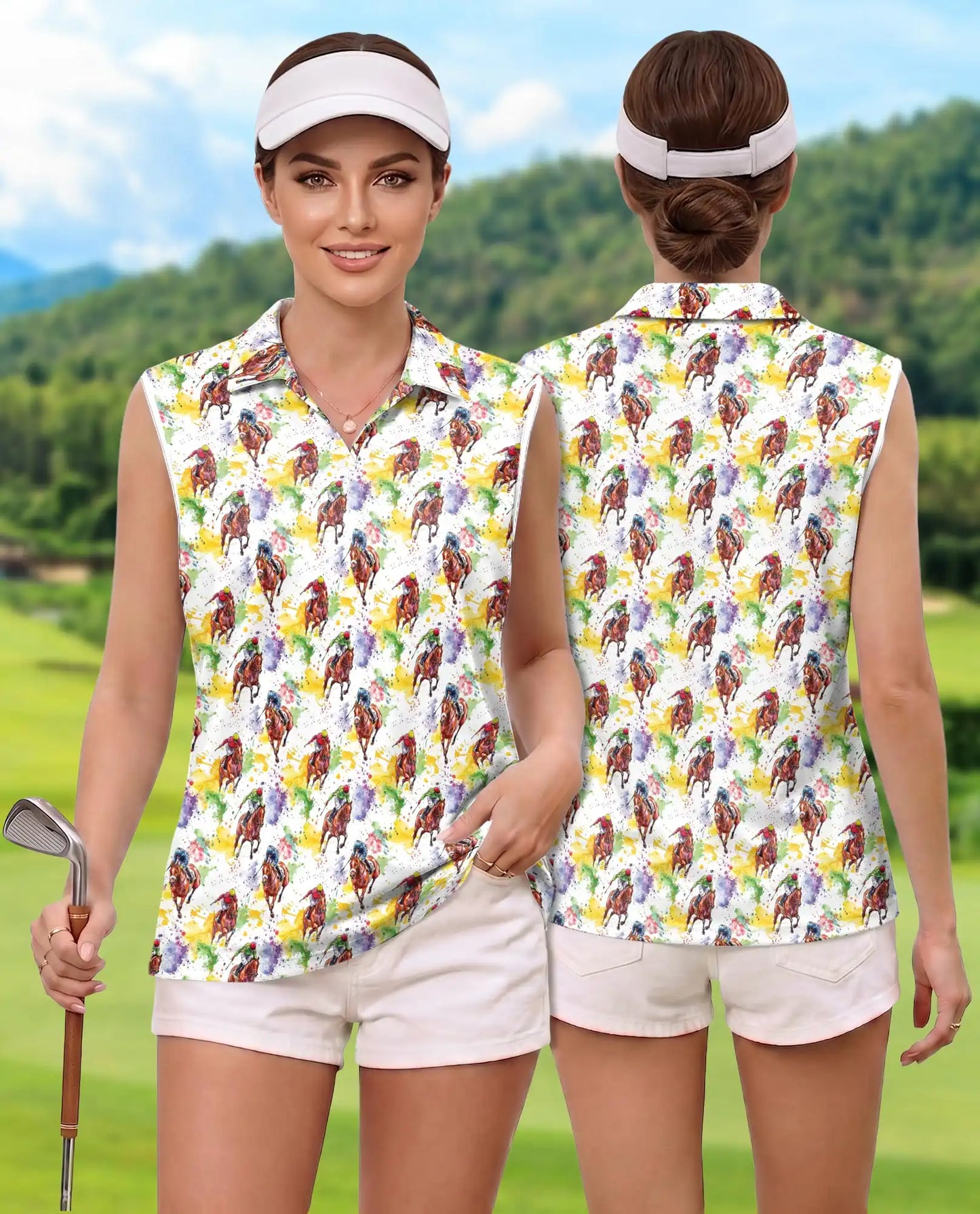 Horse Racing Pattern Sleeveless Polo Shirt for Women – Equestrian Sport Style | Netecom