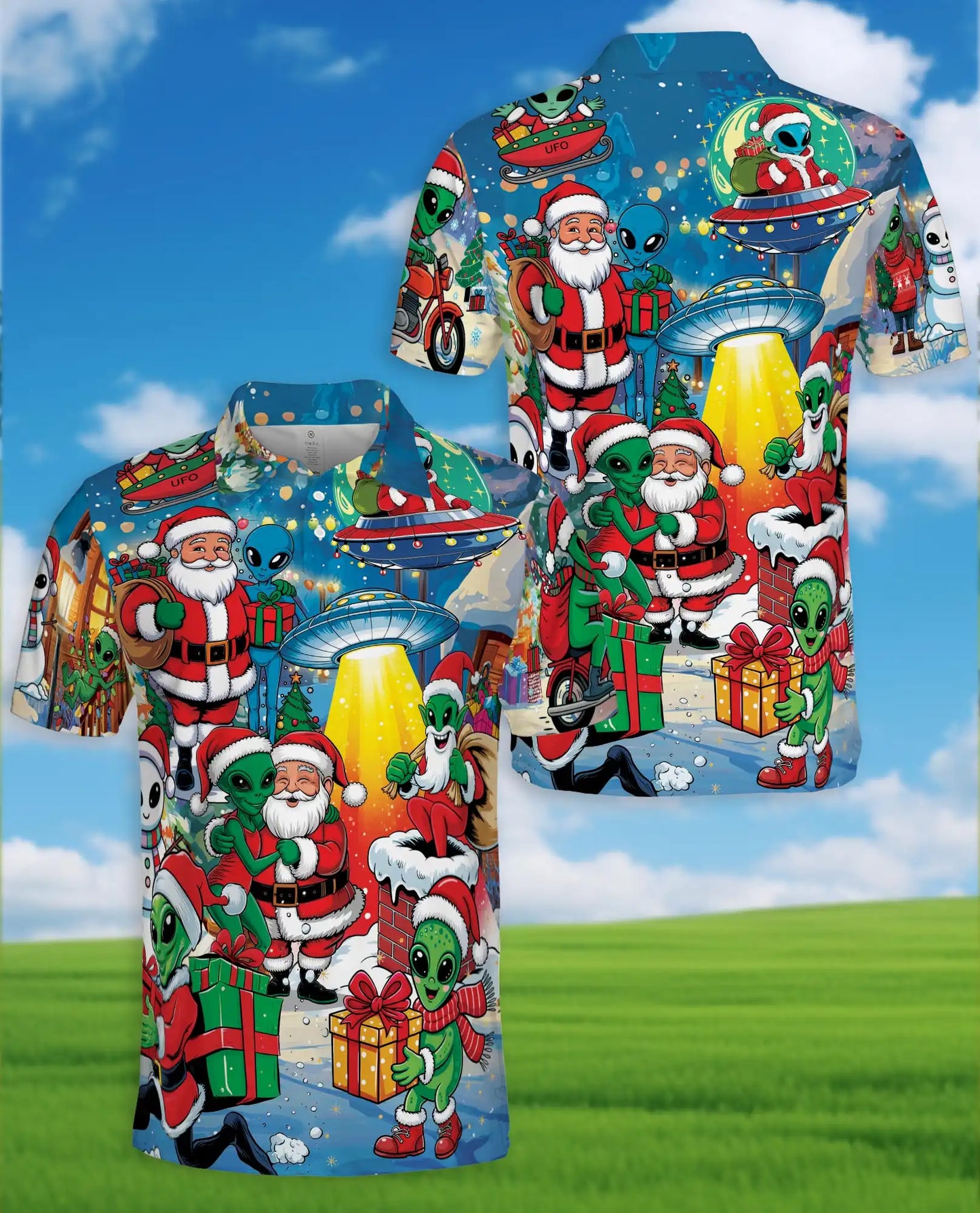 Funny Alien Santa 3D Polo Shirt for Men – Christmas UFO Galaxy Style | Netecom