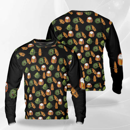 Funny Beer Hops Barley Sweatshirt, 3D All Over Print Brewing Crewneck Pullover for Men Women, Beer Lover Gift - Netecom