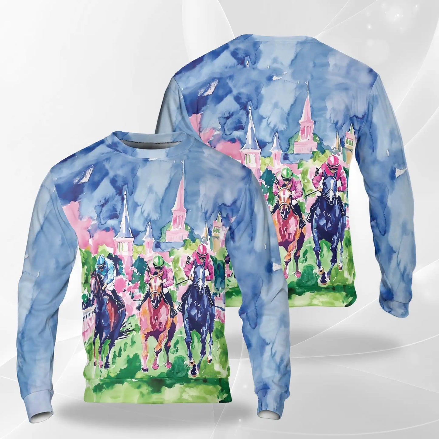 Watercolor Horse Racing Sweatshirt, 3D All Over Print Equestrian Horse Crewneck Pullover for Men Women, Horse Lover Gift - Netecom
