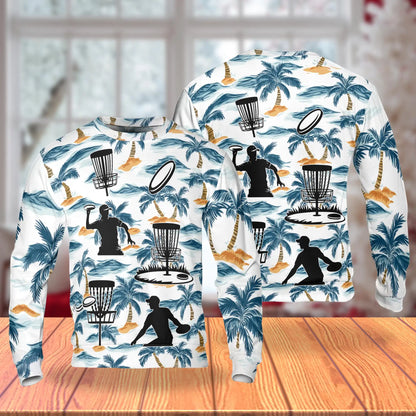 Tropical Disc Golf Sweatshirt, 3D All Over Print Palm Tree Disc Golf Crewneck Pullover for Men Women, Disc Golf Lover Gift - Netecom