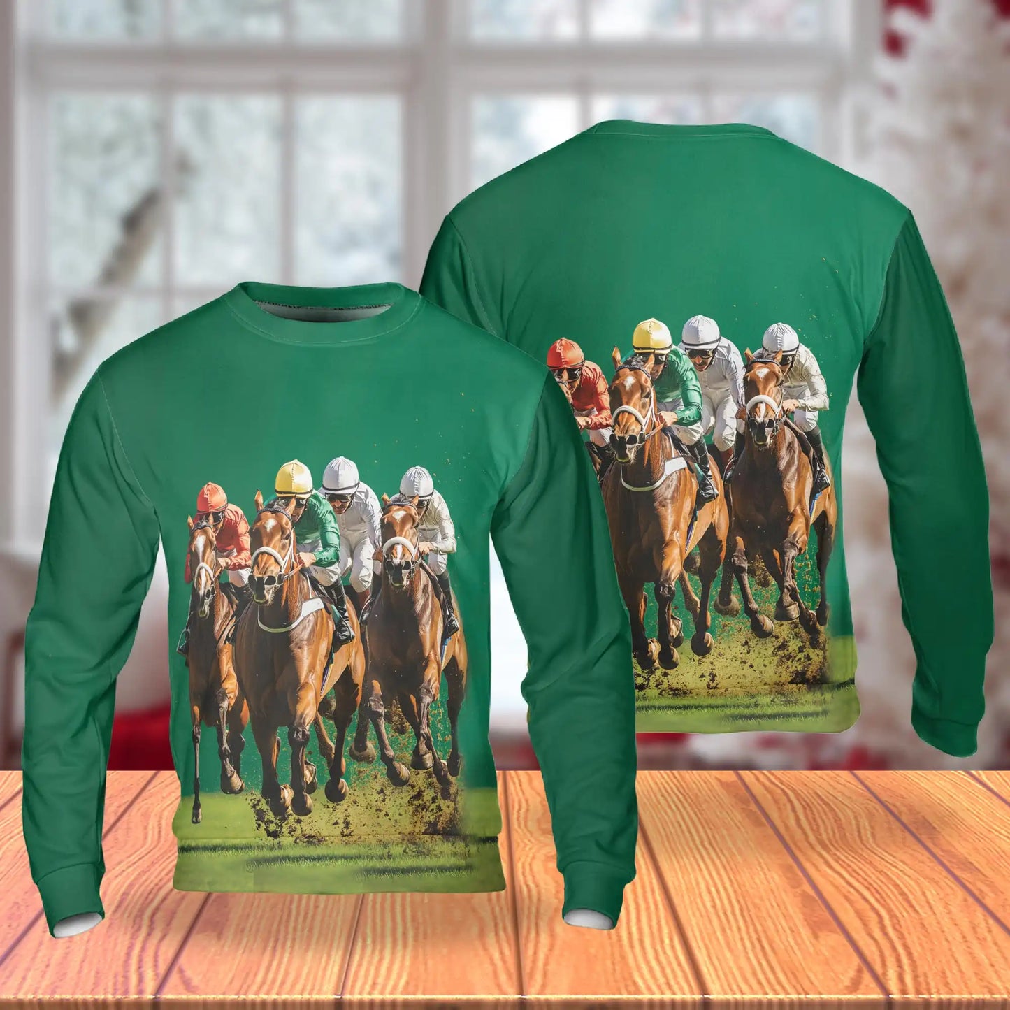 Green Horse Racing Sweatshirt, 3D All Over Print Equestrian Sports Crewneck Pullover for Men Women, Horse Racing Lover Gift - Netecom