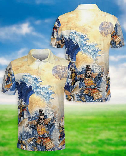 Japanese Samurai Wave 3D Polo Shirt for Men – Great Ocean Warrior Art Style | Netecom