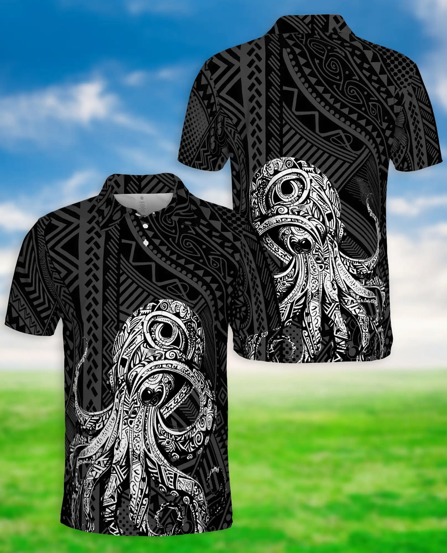 Tribal Octopus Polynesian 3D Polo Shirt for Men – Ocean Tattoo Island Style | Netecom