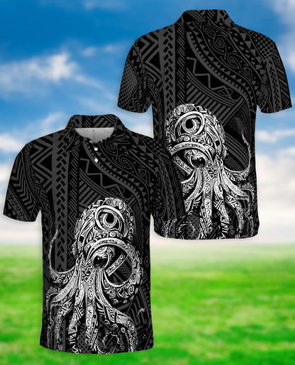 Tribal Octopus Polynesian 3D Polo Shirt for Men – Ocean Tattoo Island Style | Netecom