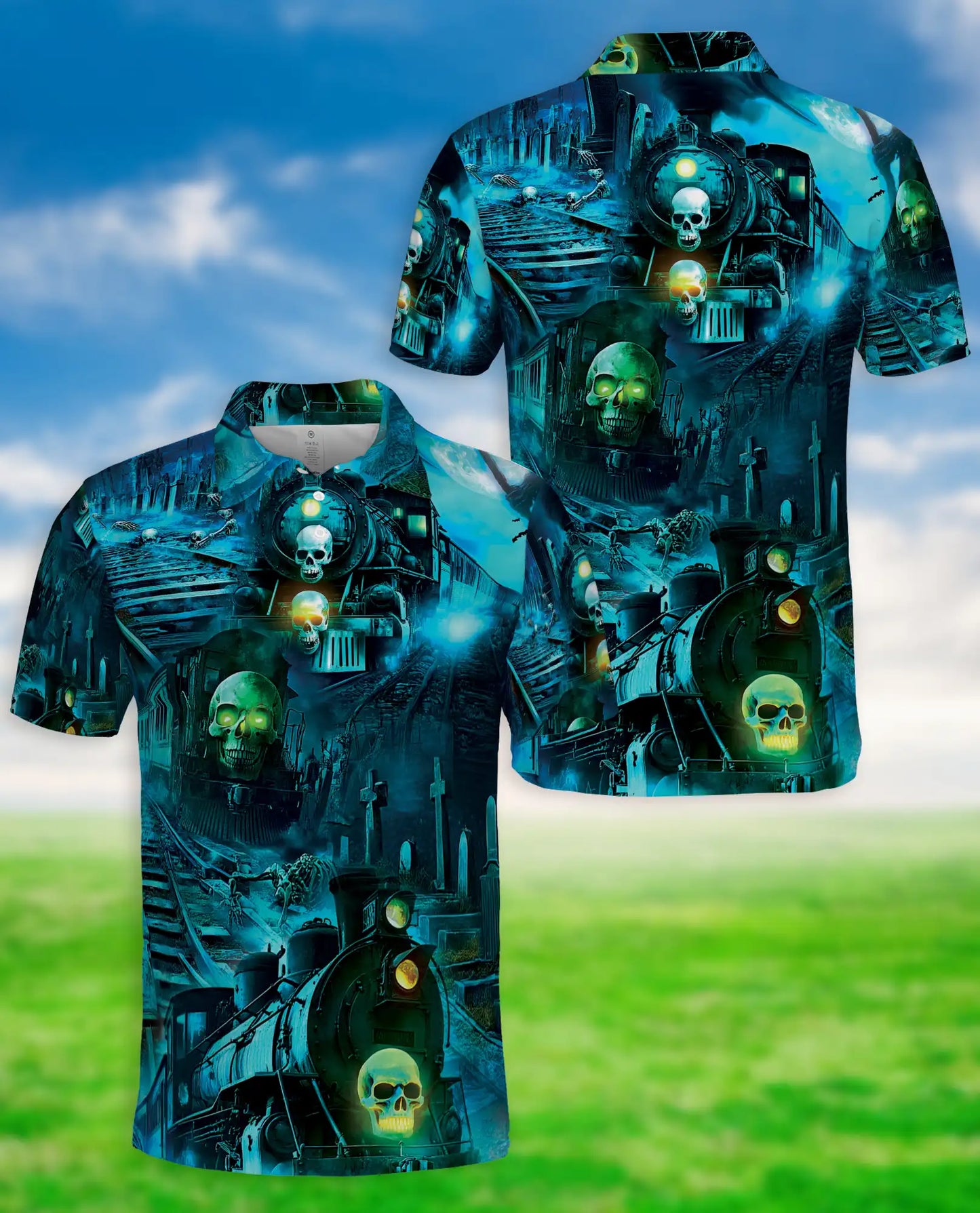 Haunted Ghost Train Skull Hawaiian Polo Shirt for Men-Gothic Horror Shirt | Netecom
