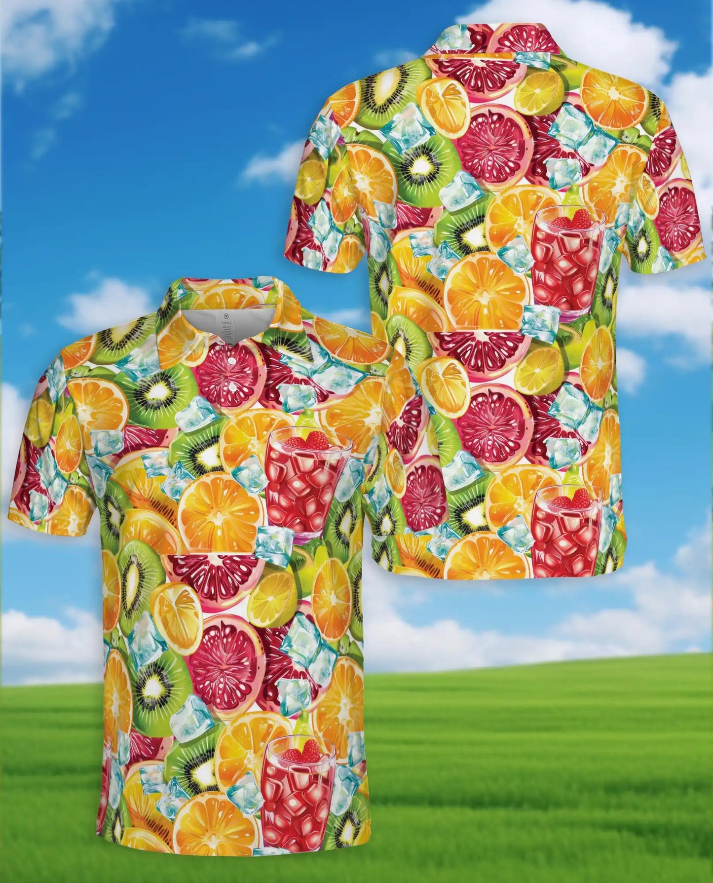 Tropical Citrus Fruit Cocktail Polo Shirt for Men-Orange Kiwi Shirt | Netecom