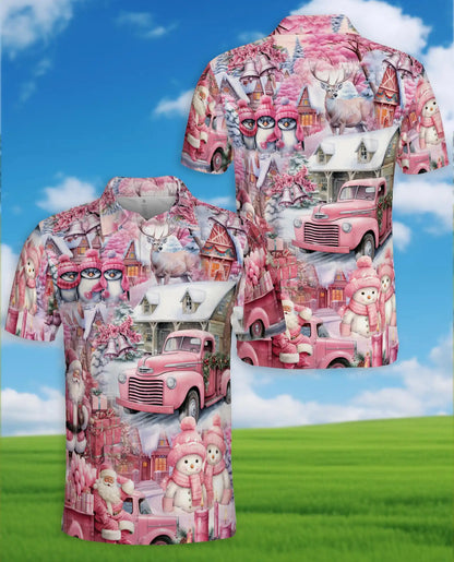 Pink Christmas Truck 3D Polo Shirt for Men – Santa Winter Village Style | Netecom