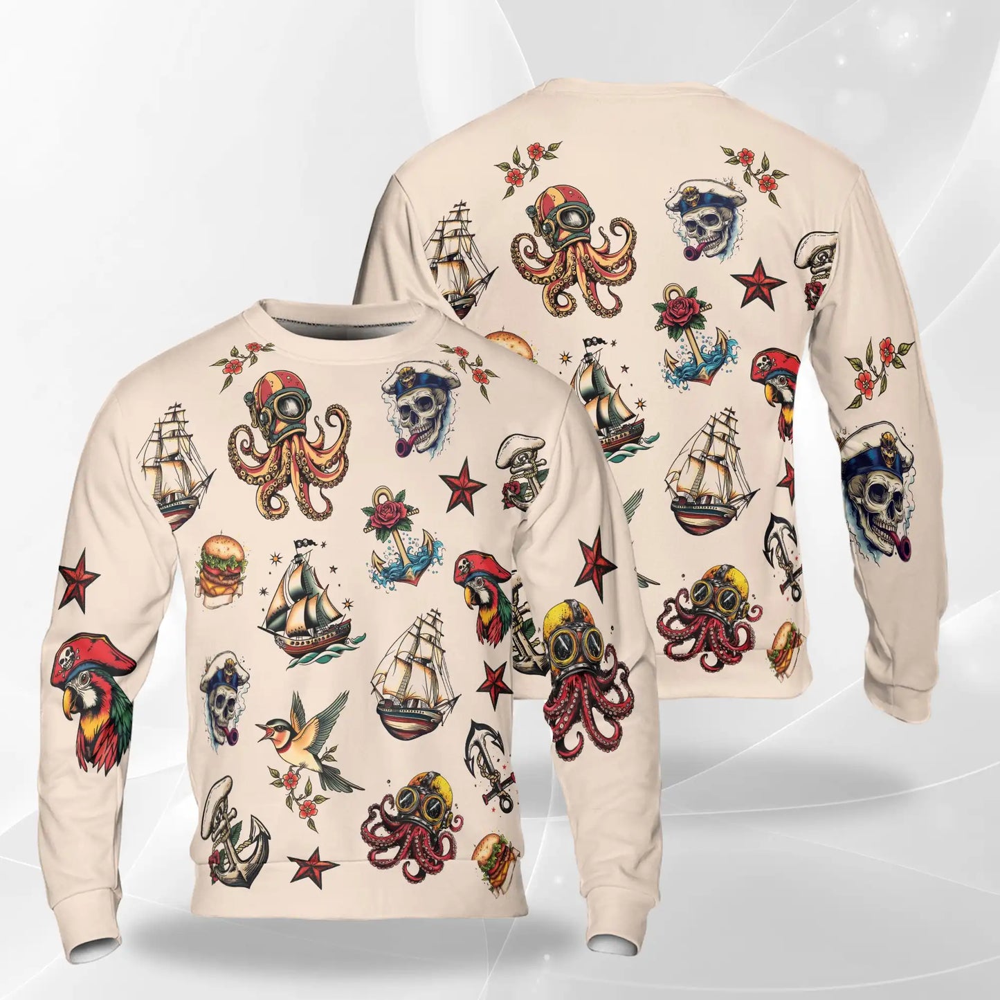 Summer Tattoos Sweatshirt, 3D All Over Print Tattoo Art Crewneck Pullover for Men Women, Tattoo Lover Gift - Netecom