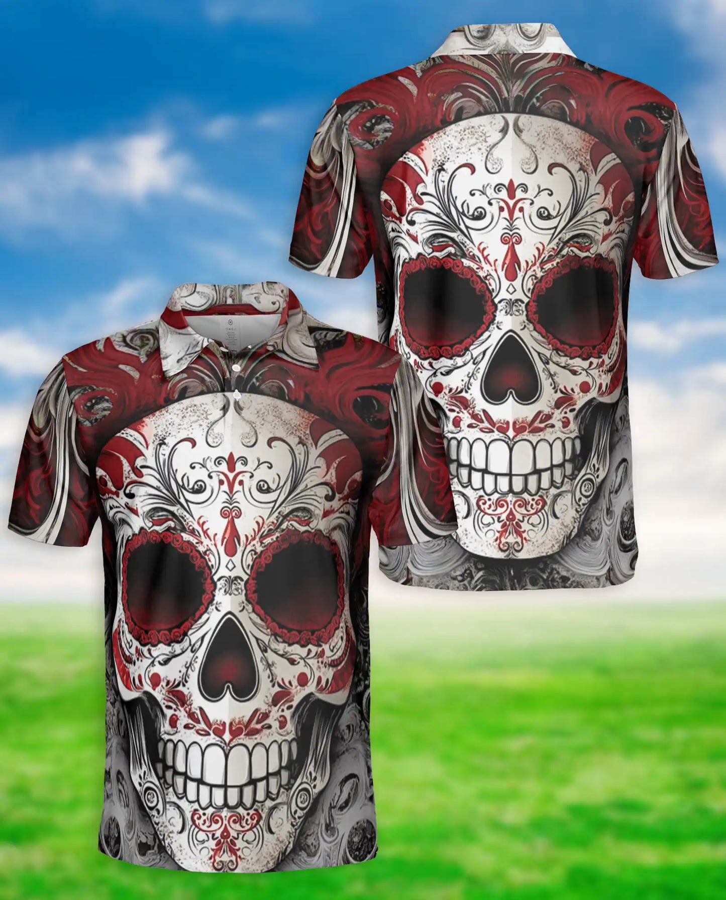 Sugar Skull Polo Shirt – Red Gothic Style | Netecom