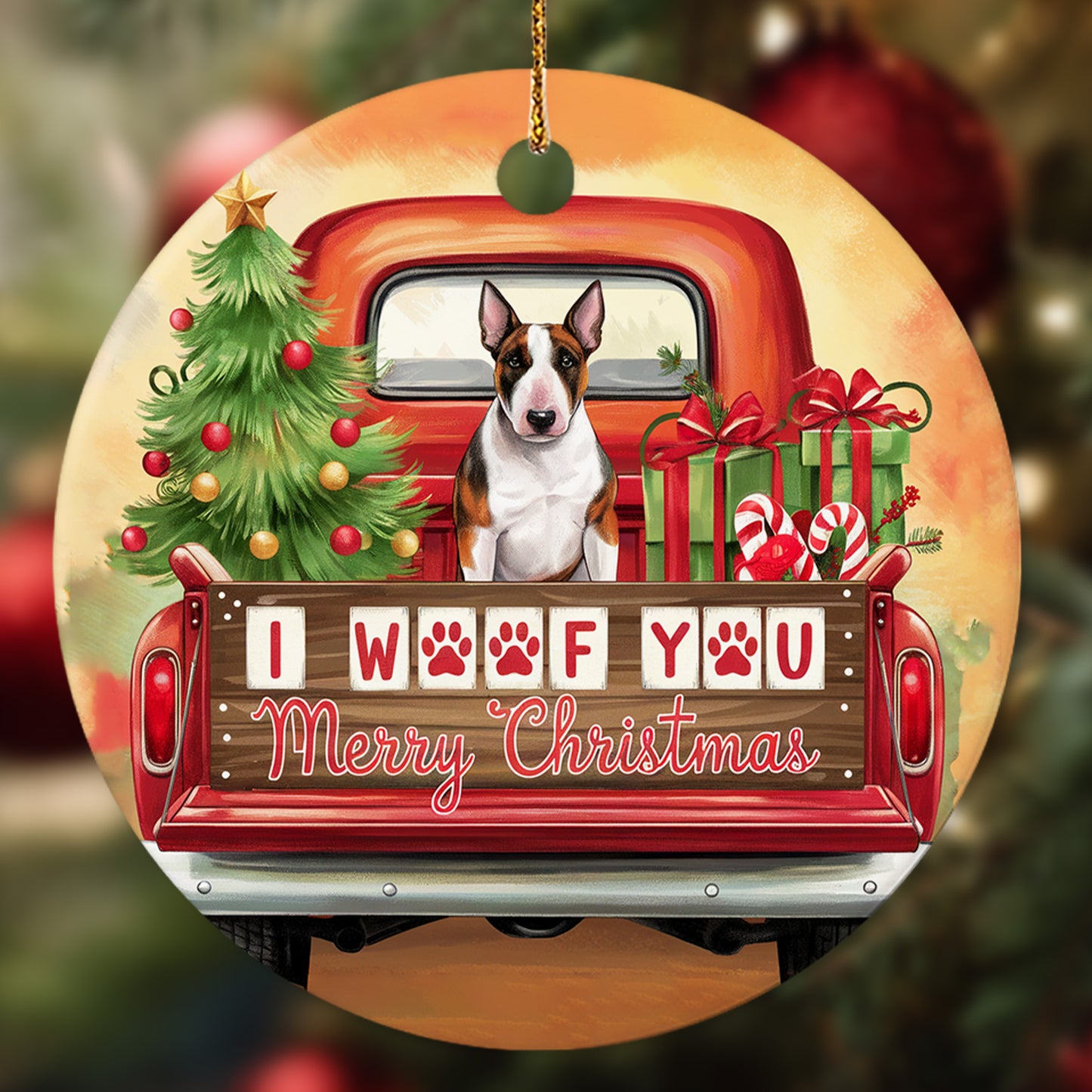 Netecom Funny Bull Terrier in Red Truck Ornament, I Woof You Merry Christmas Ceramic Ornament for Christmas Tree Hanging Decorations Gift, Dog Lover Gifts, Holiday Party Present