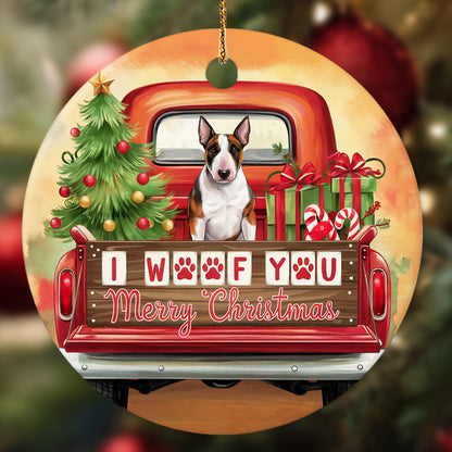 Netecom Funny Bull Terrier in Red Truck Ornament, I Woof You Merry Christmas Ceramic Ornament for Christmas Tree Hanging Decorations Gift, Dog Lover Gifts, Holiday Party Present