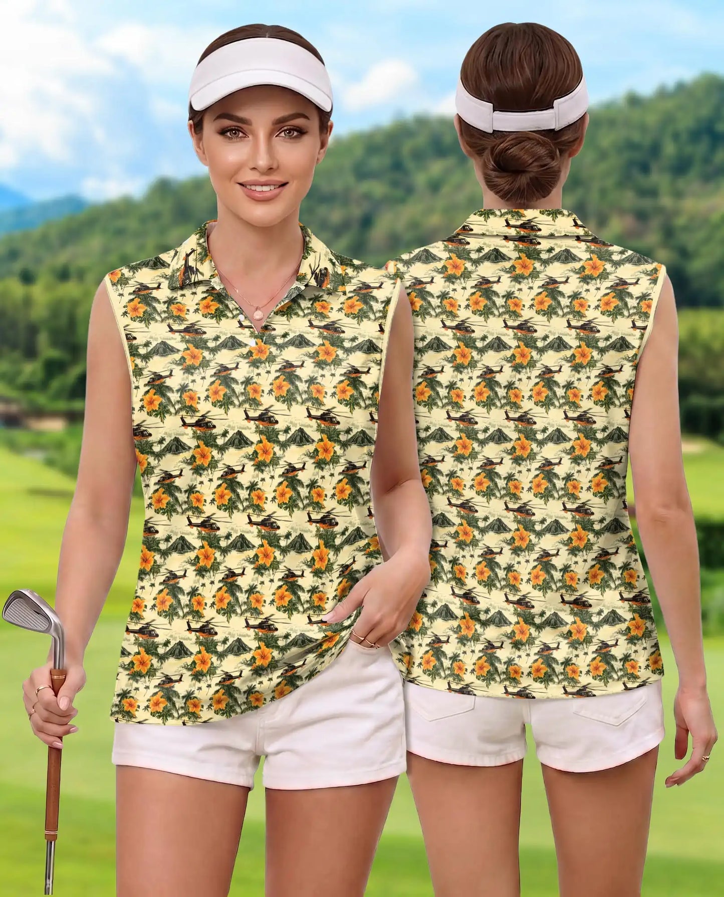 Helicopter And Hibiscus Sleeveless Polo Shirt for Women – Aviation Tropical Style | Netecom