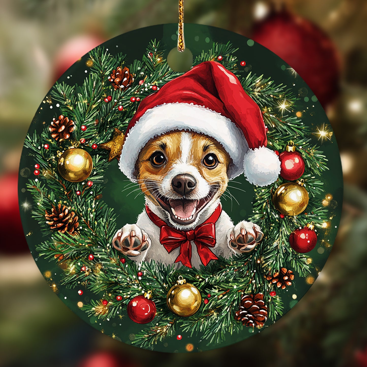 Netecom Funny Jack Russell Terrier Christmas Ornament, Dog Santa Hat Ceramic Ornament for Xmas Tree Hanging Decorations Gift, Puppy Lover Gifts, Home Decor, Holiday Party Present