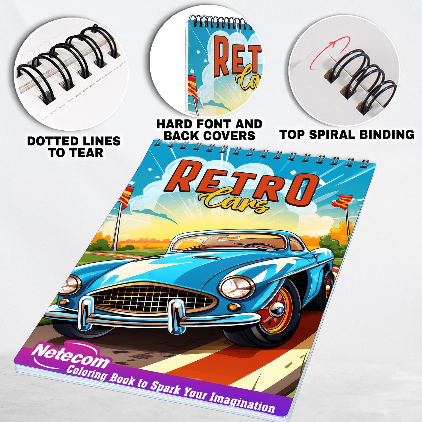 Retro Cars Spiral Bound Coloring Book, Dive into the Retro Cars Coloring Book with 30 Nostalgic Illustrations of Classic Automobiles