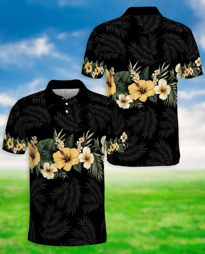 Black Tropical Hibiscus 3D Polo Shirt for Men – Hawaiian Floral Island Style | Netecom