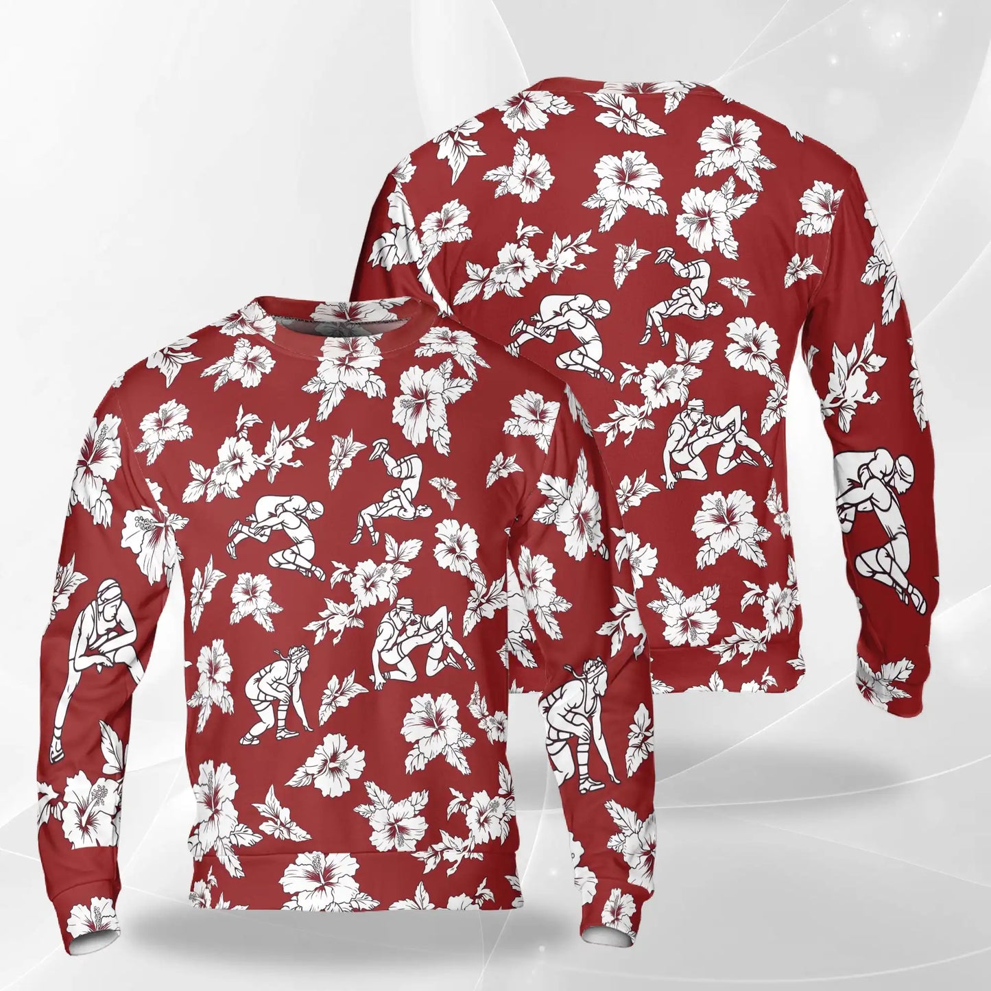 Wrestling Sweatshirt, 3D All Over Print Red Floral Wrestling Crewneck Pullover for Men Women, Wrestler Gift - Netecom