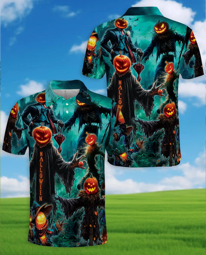 Pumpkin Scarecrow Halloween Polo Shirt - Spooky Horror Harvest Style | Netecom
