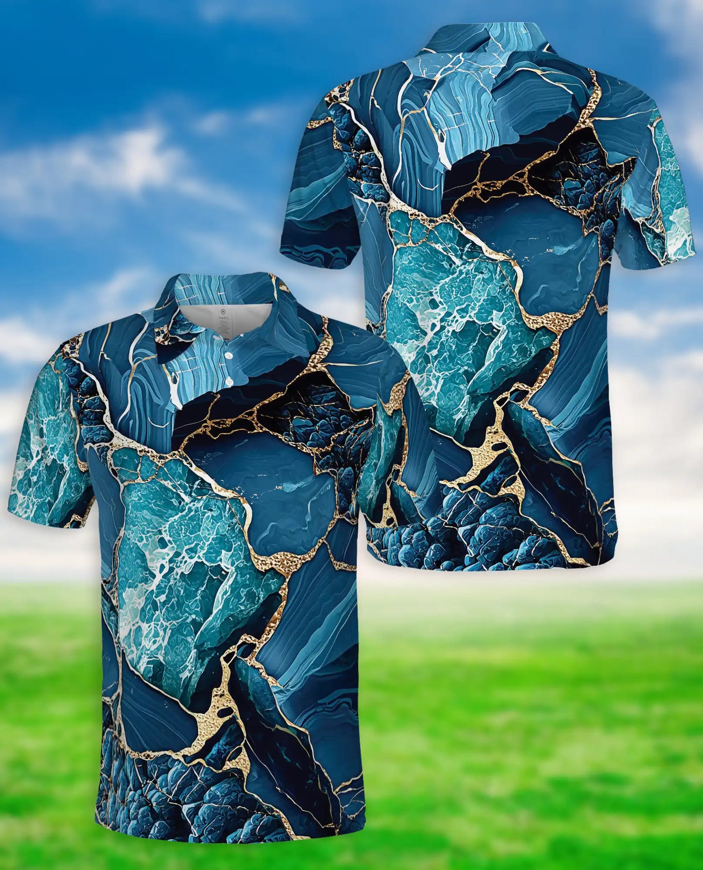 Blue Ocean Marble Polo Shirt for Men-Luxury Abstract Art | Netecom