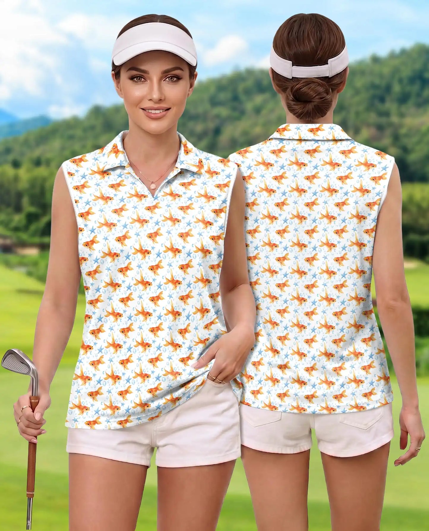 Goldfish And Seahorses Sleeveless Polo Shirt for Wome | Netecom