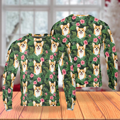 Beach Corgi Sweatshirt, 3D All Over Print Tropical Dog Crewneck Pullover for Men Women, Corgi Lover Gift - Netecom