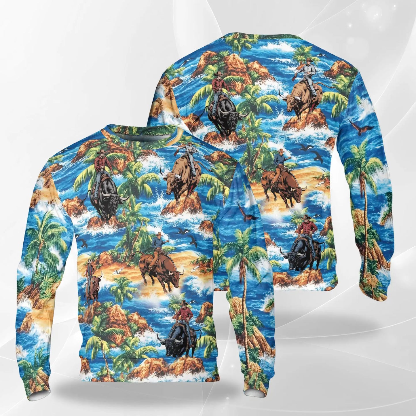 Bull Riding Beach Sweatshirt, 3D All Over Print Tropical Rodeo Crewneck Pullover for Men Women, Bull Rider Gift - Netecom