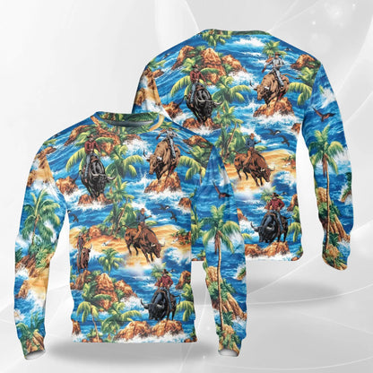 Bull Riding Beach Sweatshirt, 3D All Over Print Tropical Rodeo Crewneck Pullover for Men Women, Bull Rider Gift - Netecom